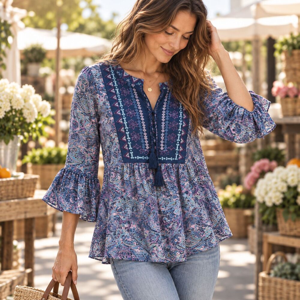 Farmer’s Market Boho Velvet Bell Sleeve Tunic Blouse SIze X-Small NWT